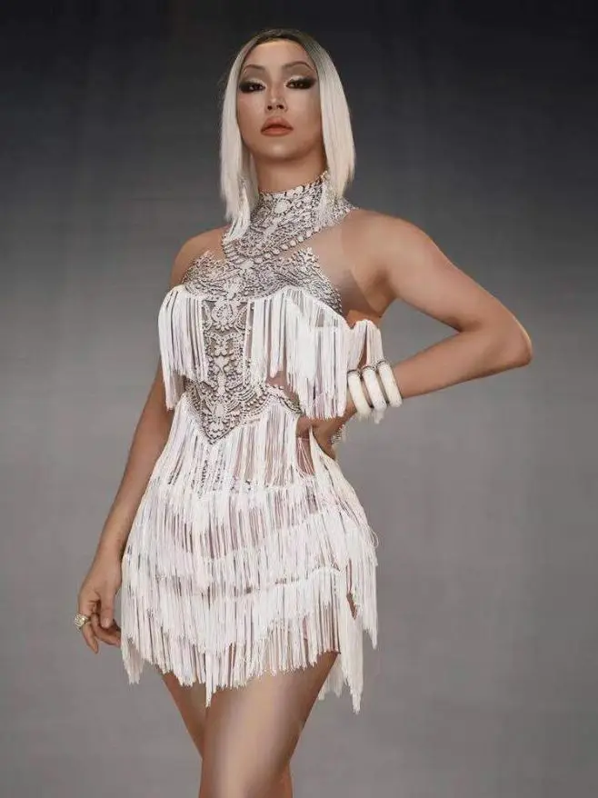 

Women's White Printed Tassel Sexy Elastic Latin Dance Stage Performance Skirt Dress Robe Femme Chic Et Élégante Backless Dresses