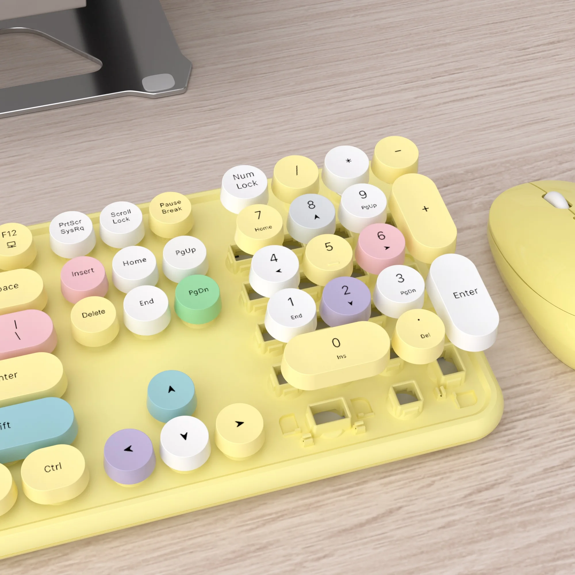 Imagem -02 - Ubotie-combinação de Mouse e Teclado sem Fio Teclado Retrô Redondo Ergonômico com Teclado Numérico Máquina de Escrever para Menina Amarelo