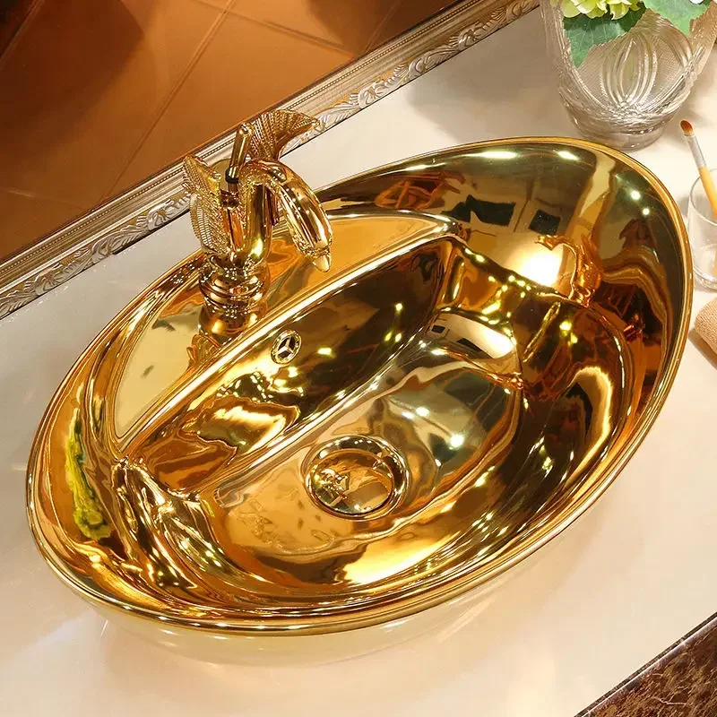 Gold Above Counter Basin Ceramic Art Basin European Style Bathroom Above Counter Wash Basin Modern Retro