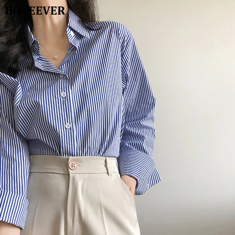 BGTEEVER Casual Turn-down Collar Loose Female Striped Shirts Spring Long Sleeve Single-breasted Stylish Women Blouses Tops