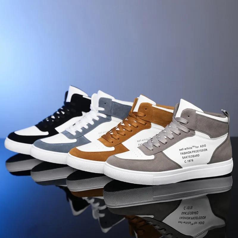 New Spring Men PU Leather High Top Casual Shoes Fashion Four Seasons Boys Students Sneakers Anti-slip Male Board Shoes
