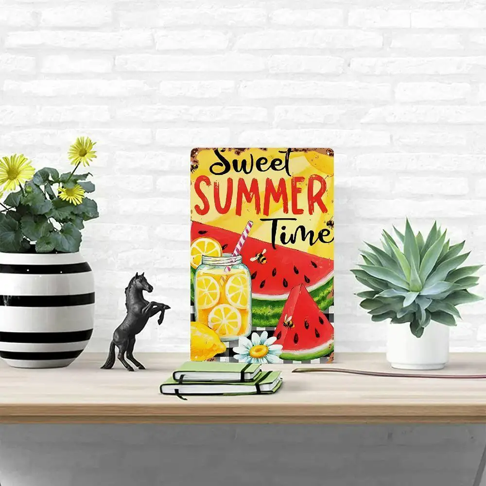 Vintage Summer Metal Wall Plaque - Lemonade & Watermelon Slices with Checkered Border & Sweet Summer Time Text