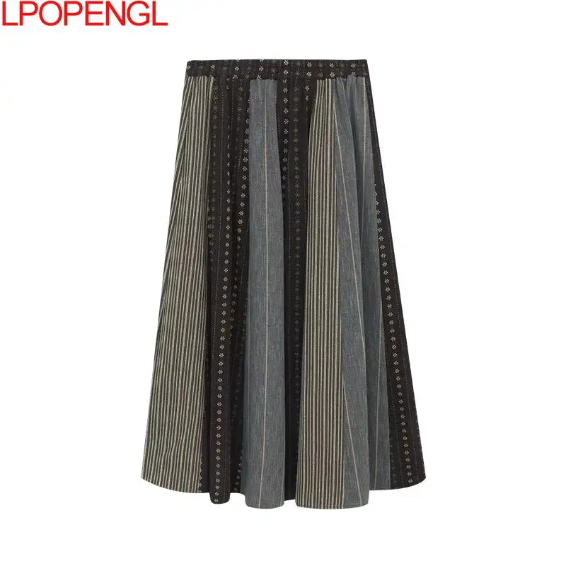 Ethnic Style Retro Personality Versatile Elastic Waist Skirt New Women Autumn And Winter Fashion Casual Patchwork Umbrella Skirt