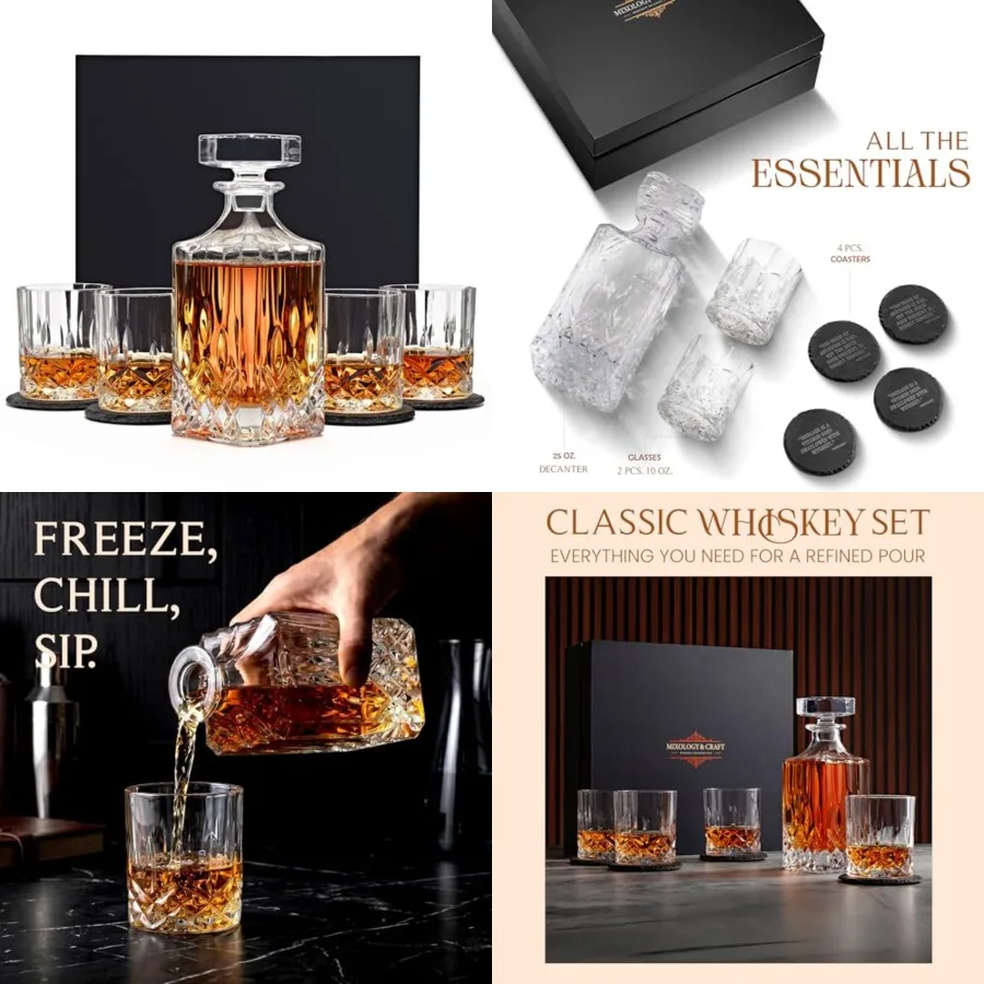 

Luxury Whiskey Decanter Gift Set - 25oz Crystal Decanter, 4 Old-Fashioned Glasses, 4 Slate Coasters with Diamond Pattern Premiu