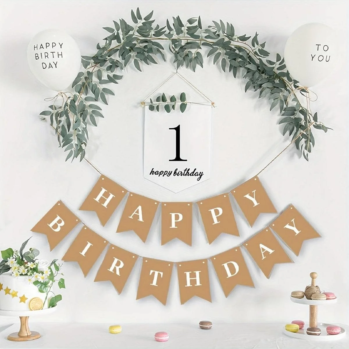 Vintage Kraft Paper Happy Birthday Banner, Swallowtail Flag Bunting Garland, Children First Birthday Party Background Wall Decor - view 2