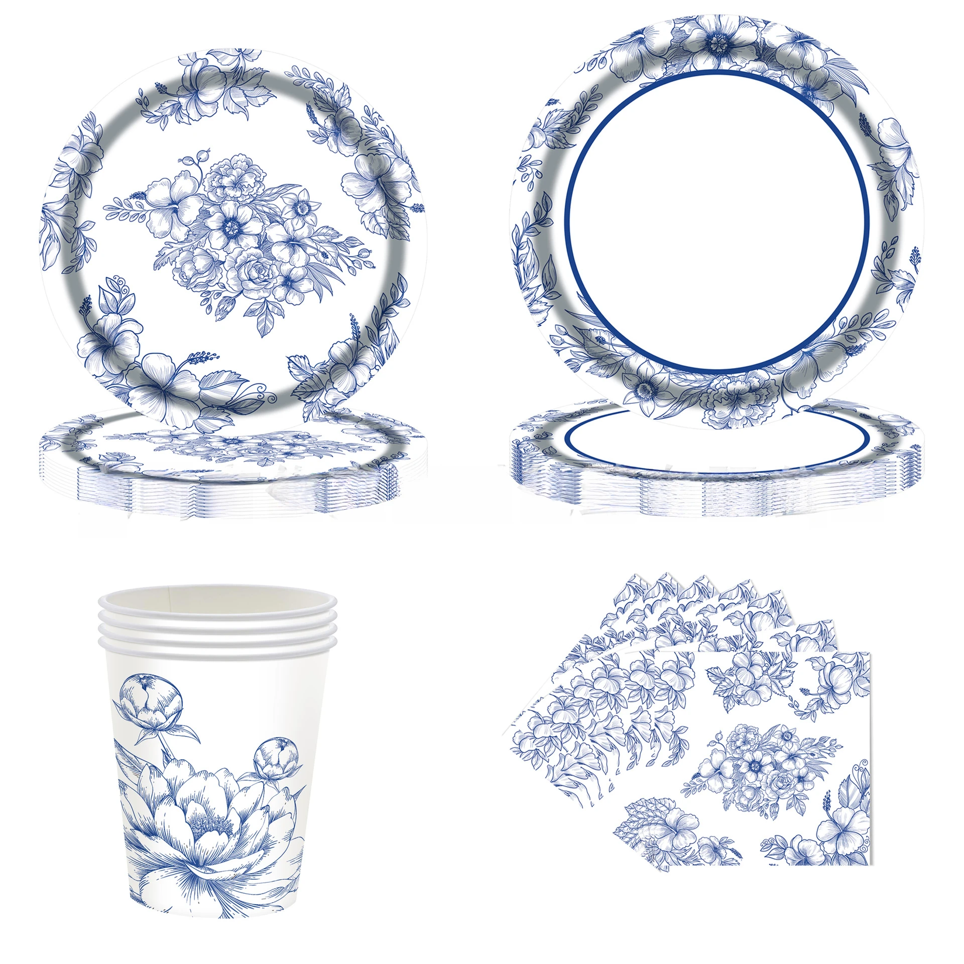 24 stücke Chinesischen Stil Minimalistischen Blau Weiß Porzellan Party Geschirr Set Einweg Pappteller Tasse Urlaub Party Dekoration