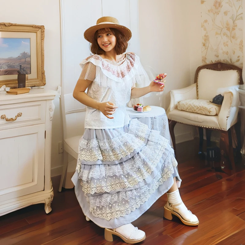 Harajuku หวานญี่ปุ่น Fairy Multi-Layer ลูกไม้กระโปรงเสื้อผ้าผู้หญิงสีฟ้า Patchwork เค้กกระโปรงหญิงครึ่ง Kawaii กระโปรง A072