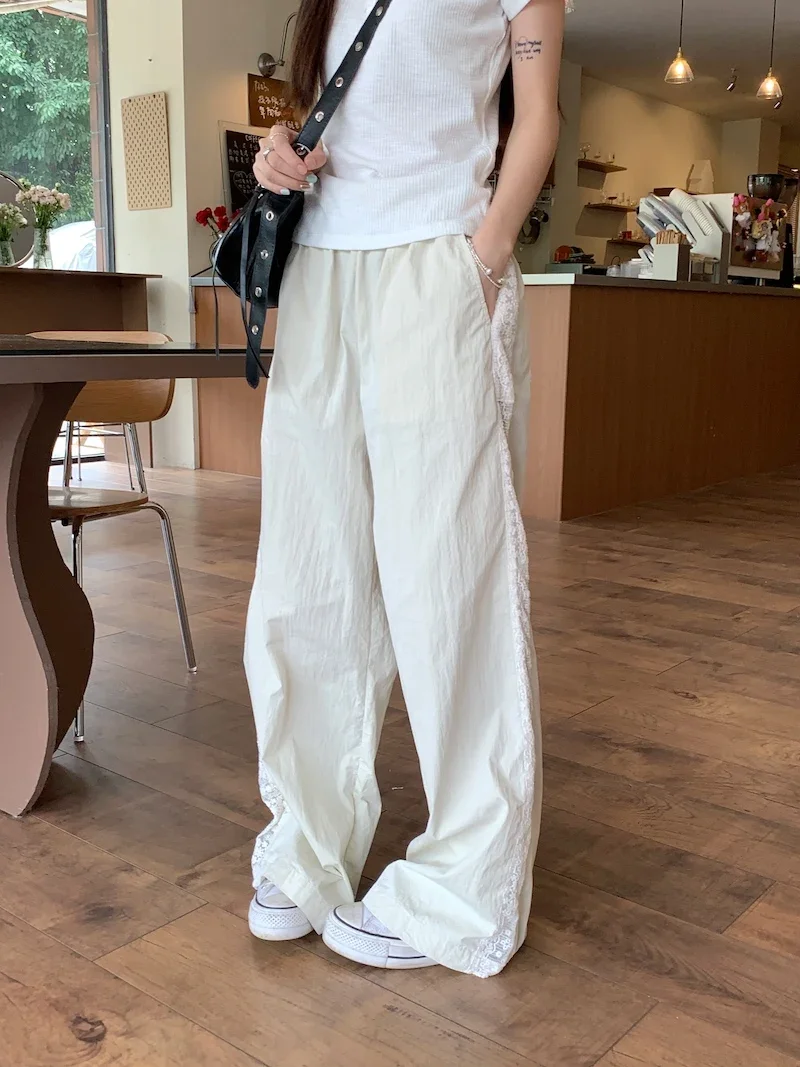 

Женские корейские повседневные брюки-карго, милые кружевные лоскутные белые брюки, эластичные брюки с высокой талией и широкими штанинами, уличная одежда полной длины