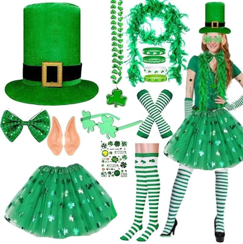 A0KD عيد القديس باتريك الرجال النساء ازياء اكسسوارات أطقم الأخضر شامروك تنورة أفضل قبعة جوارب مجموعة لمهرجان التصوير #1