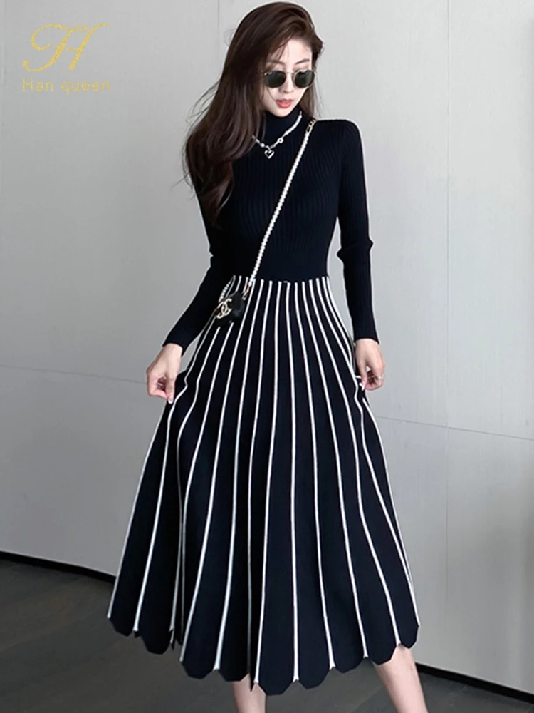 H Han Queen Autumn Winter Turtleneck Thick Sweater Dress Women Elegant Slim A-Line Casual Dresses Simple Office Party Vestidos