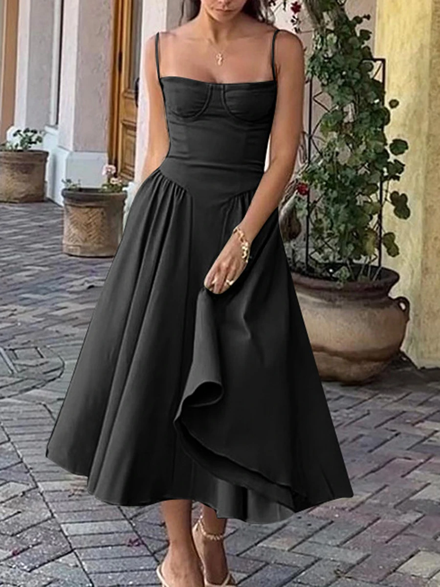 Wrapped Chest A-line Dress Women Solid Square Neck Spaghetti Strap Backless Corset Elegant Party Midi Dress Streetwear