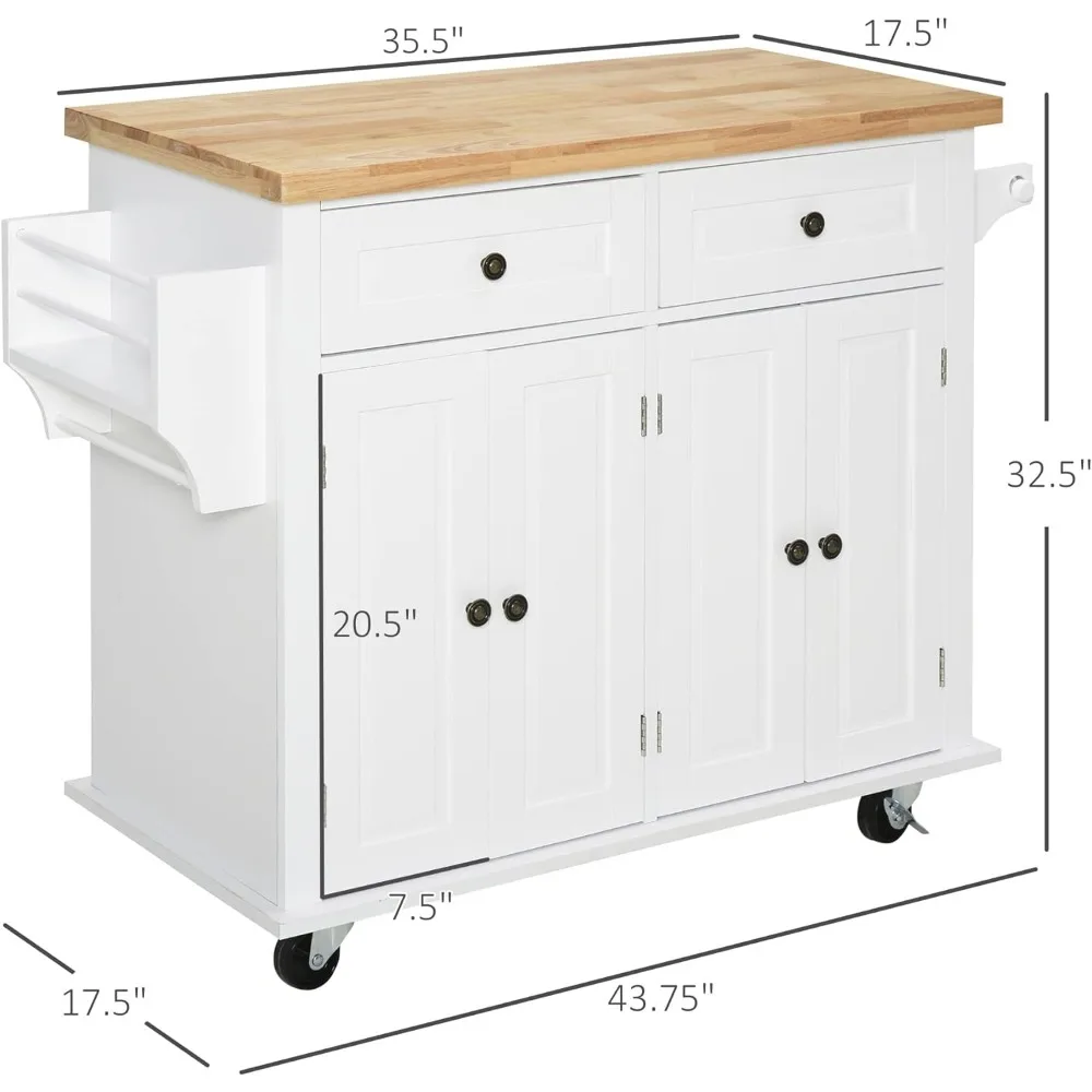 HOMCOM Cozinha Ilha sobre Rodas, Carrinho Rolante com Rubberwood Top, Spice Rack, Toalheiro e Gavetas para Sala de Jantar