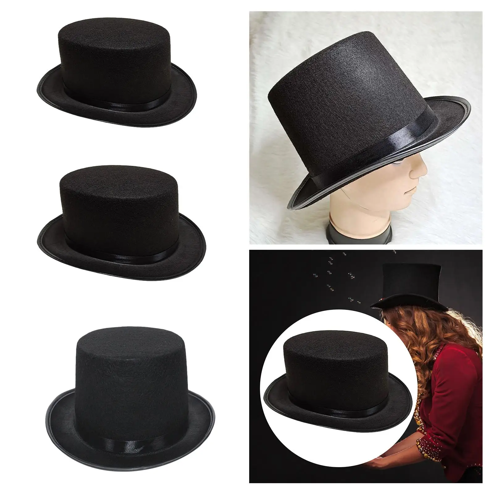 Czarny filcowy cylinder Fedoras dla dorosłych Unisex Formalne czapki kostiumowe z satynową opaską Funky Fancy Dress Czapki imprezowe na festiwal