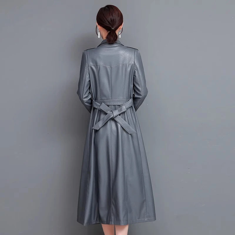 New Women Long Leather Coat Spring Autumn Fashion Casual Stand Collar Single Breasted Slim Trench Coat Split Leather Outerwear