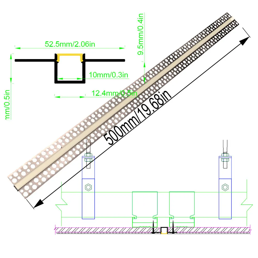 52*13mm 1pcs 0.5m LED Aluminum Profile Channel for Ceiling Wall Light Aluminium LED Strip with Milky Cover and LED Strip