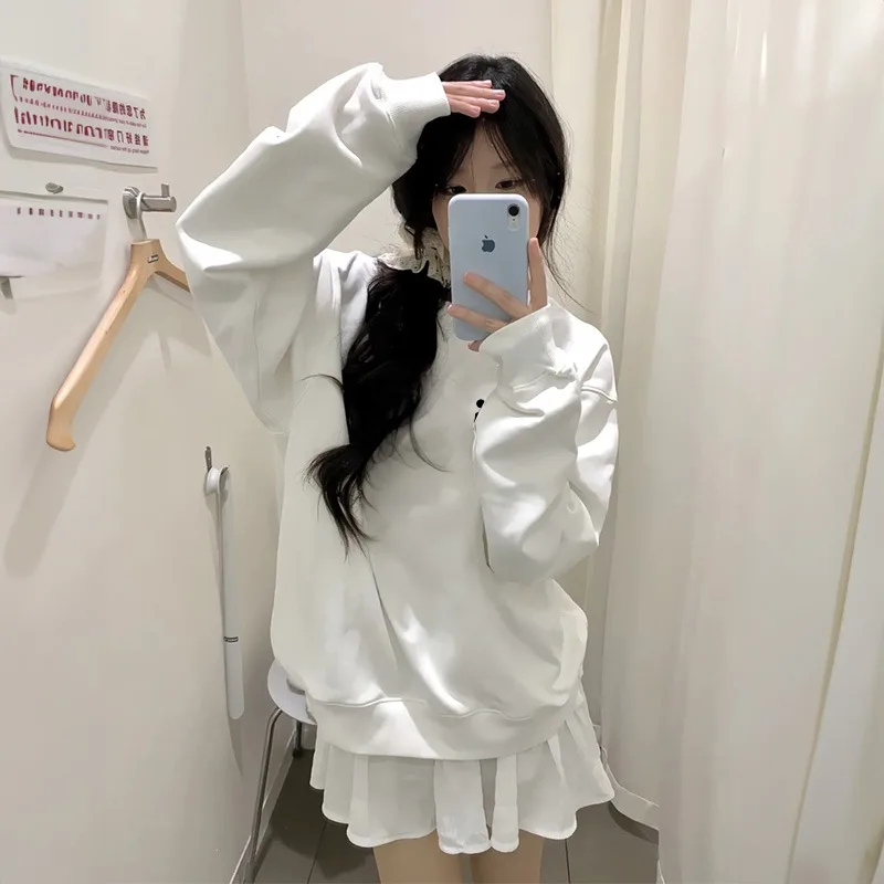 White Gray Round neck Hoodie Women Autumn Winter 2025 New Oversize Thicken Sweatshirt Casual Loose Warm Y2K Top Female Pullover
