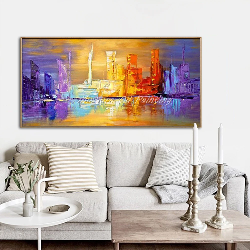 Arthyx Big Size City Building Landscape Oil Painting on Canvas,Handmade Modern Abstract Wall Pictures For Living Room,Home Decor