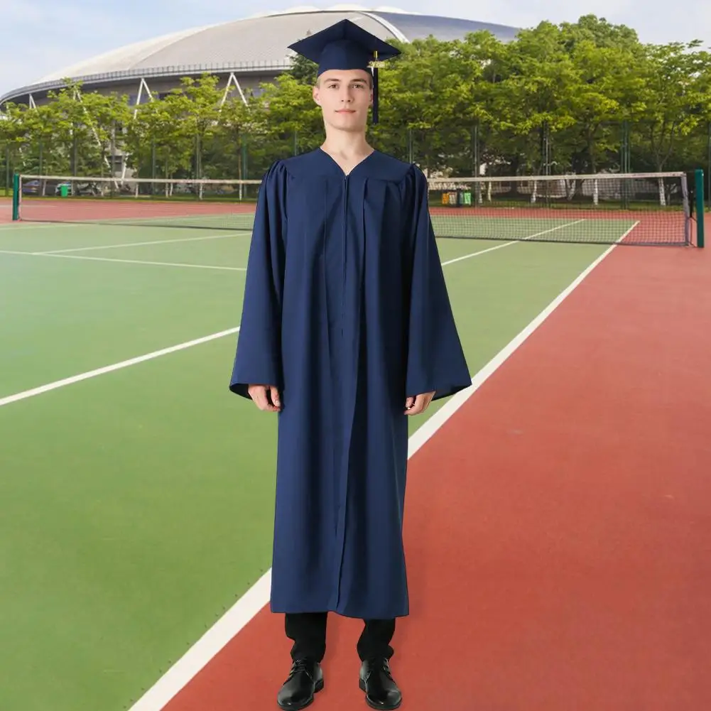 2025 Bachelor Graduation Uniform With Hat V Neck Knee Length Long Sleeve Academic Dress Hidden Button Student Graduation Robe