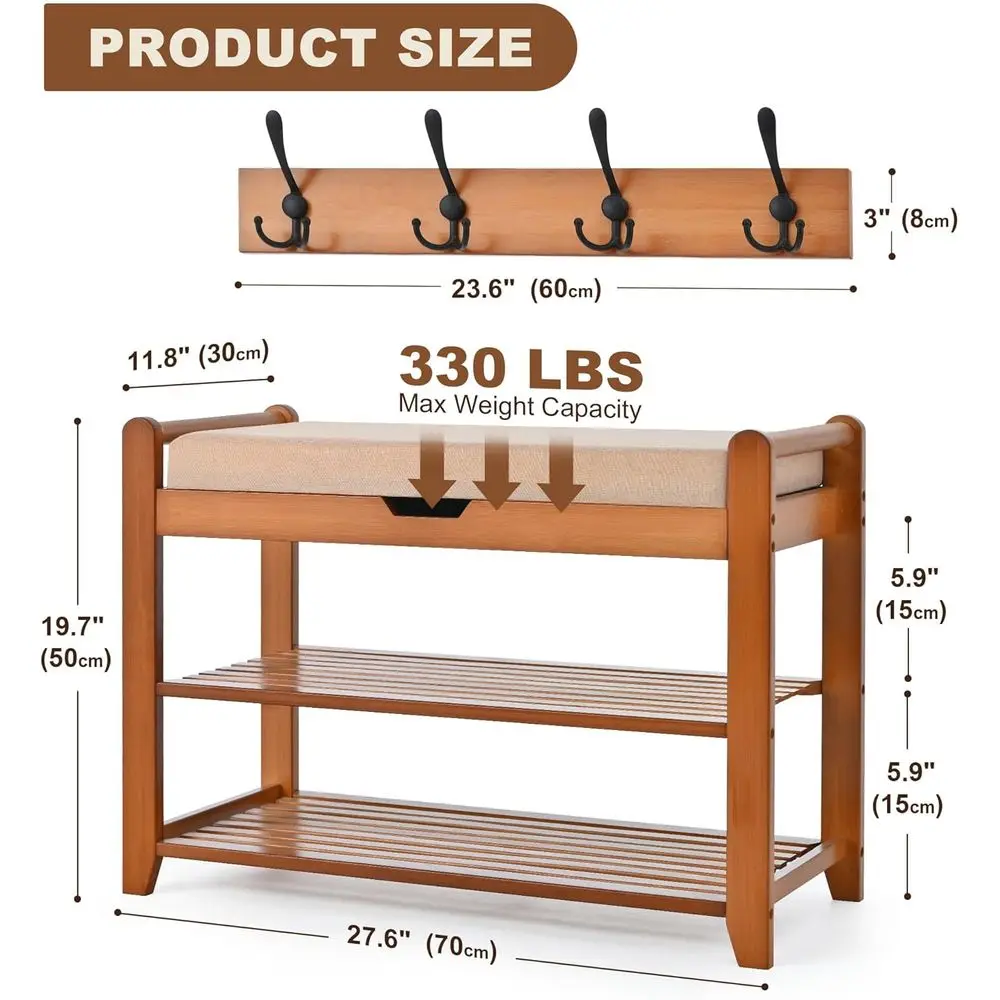 Bamboo 3-Tier Shoe Storage Bench with Coat Rack, Holds Up to 330 lbs for Entryway and Bedroom