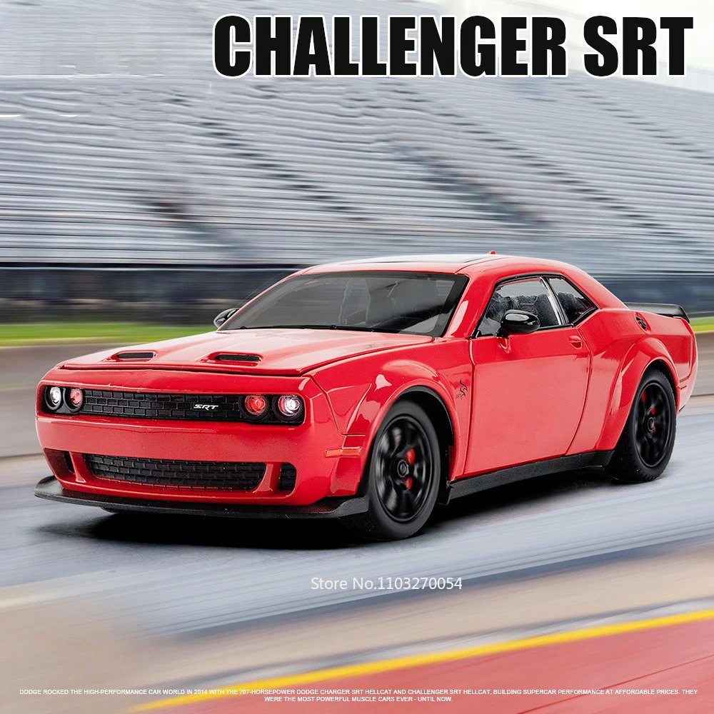 1/24 Challenger Str Hellcat Cars Model Toy Alloy Diecast Sports Car 4 Door Opened Sund Light Pull Back Toy Birthday Gift for Kid