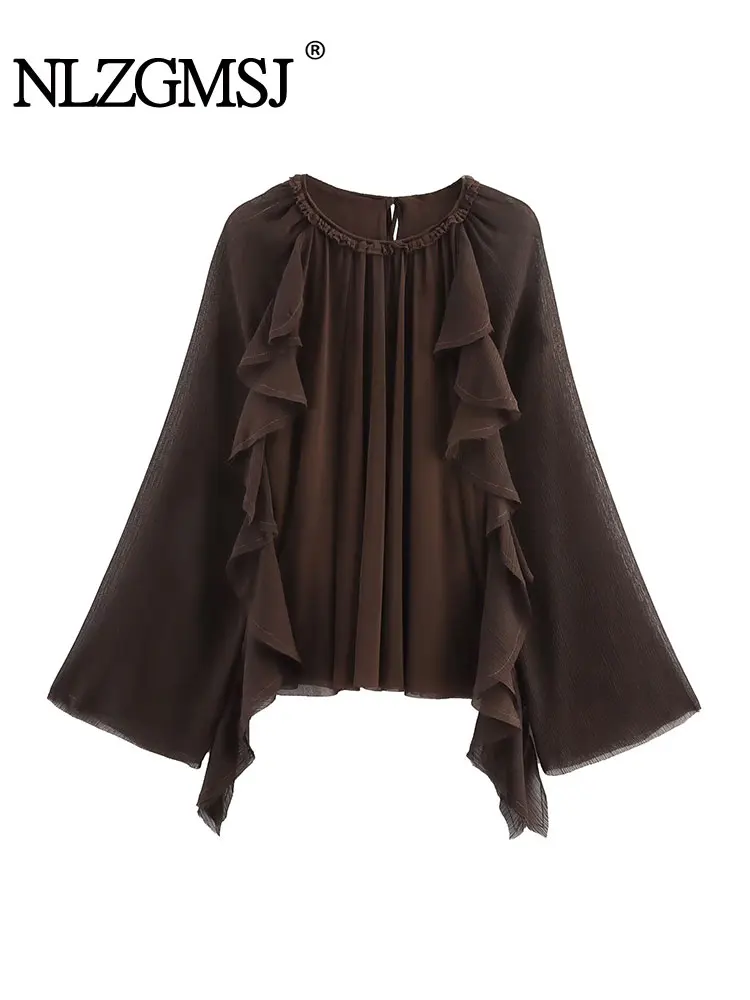 

NLZGMSJ Elegant Chic Solid Women Blouse Ruffled Long Sleeve Lace-up Shirt Fashion 2025 Spring Autumn Office Lady Blouse