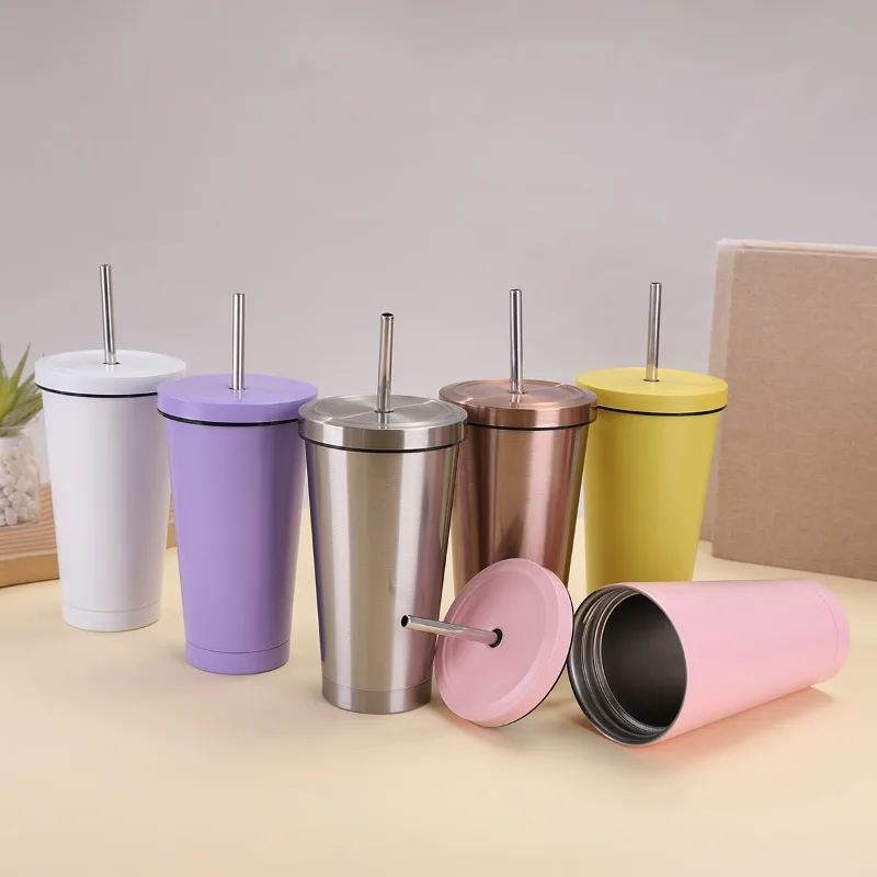 500ml Large Capacity Office Coffee Cup Stainless Steel Straw Cup Portable Home Cooling Insulation Cups Covered Travel Car Cups