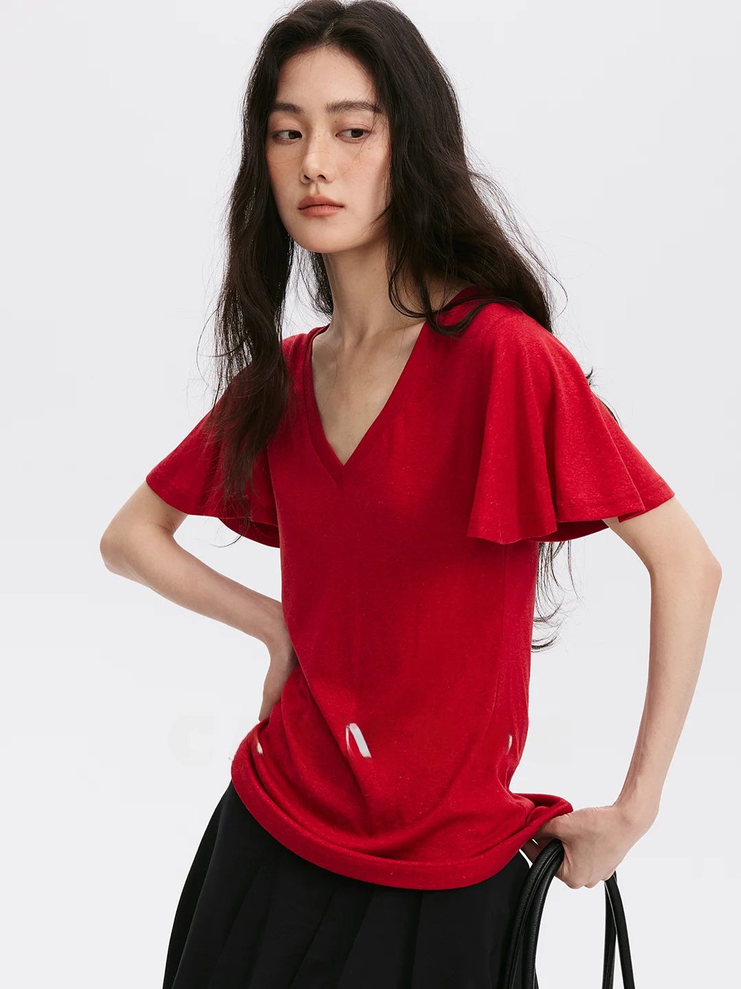 

LIONCAT V-Neck Short Sleeve Loose Casual Knitted Top Women's Fashion Soft Lenzing Fabric Breathable Summer T-Shirt