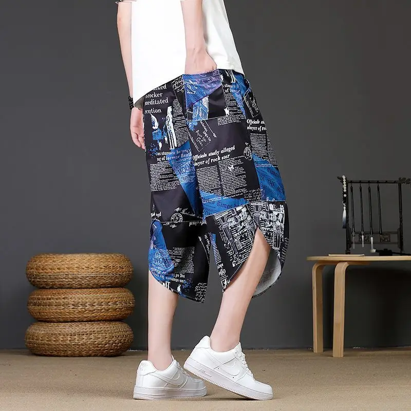 Summer Thin Cropped Pants, Men's Casual Loose Harlan Pants, Printed Shorts, Large Size Beach Pants