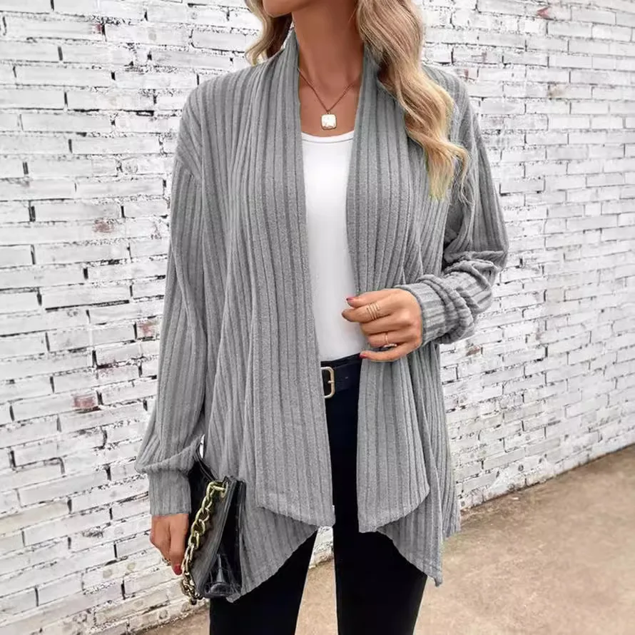 2024 women's cross-border foreign trade temu autumn and winter new long sleeved solid color loose cardigan jacket