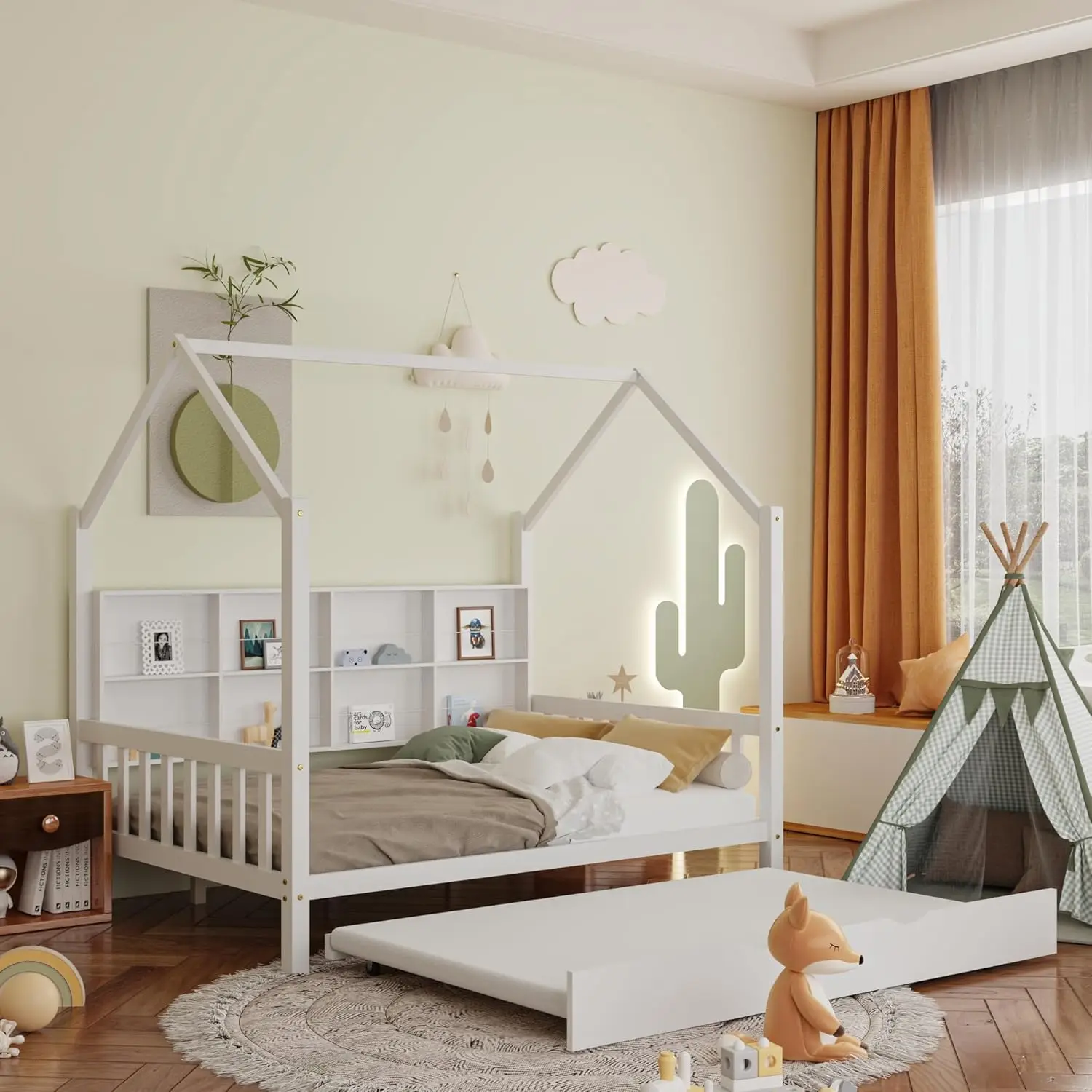 

Full House Bed With Trundle, Montessori Platform Bed Frame With Headboard And Storage Shelves, Wood Playhouse Bed With 14""