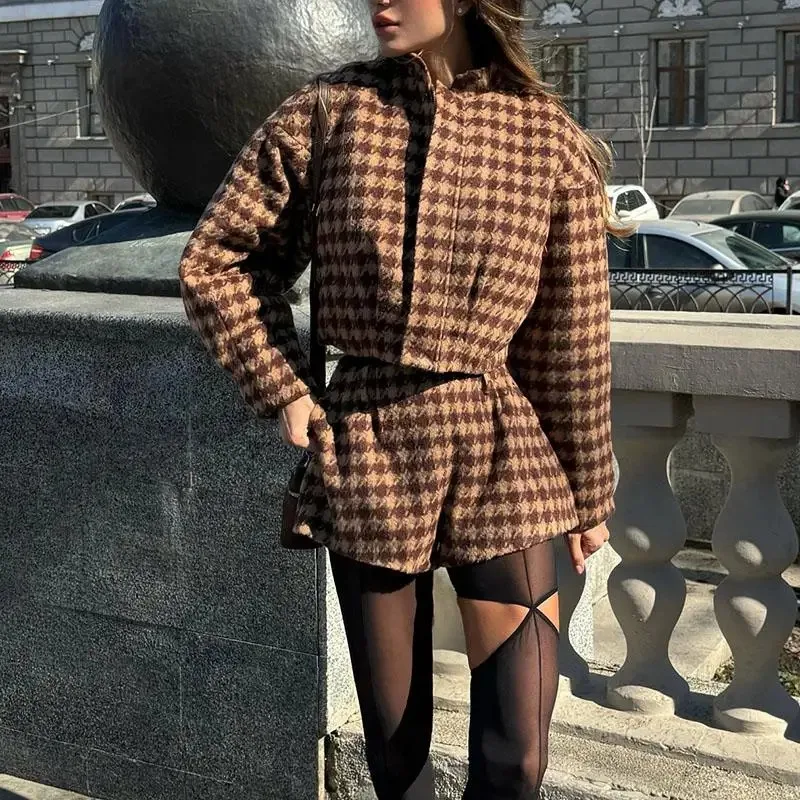 

FL Retro Plaid Women Sets Casual Chic Full Sleeve Zipper Jacket High Waist Pockets Shorts New Lady Office Suit Commute Spring