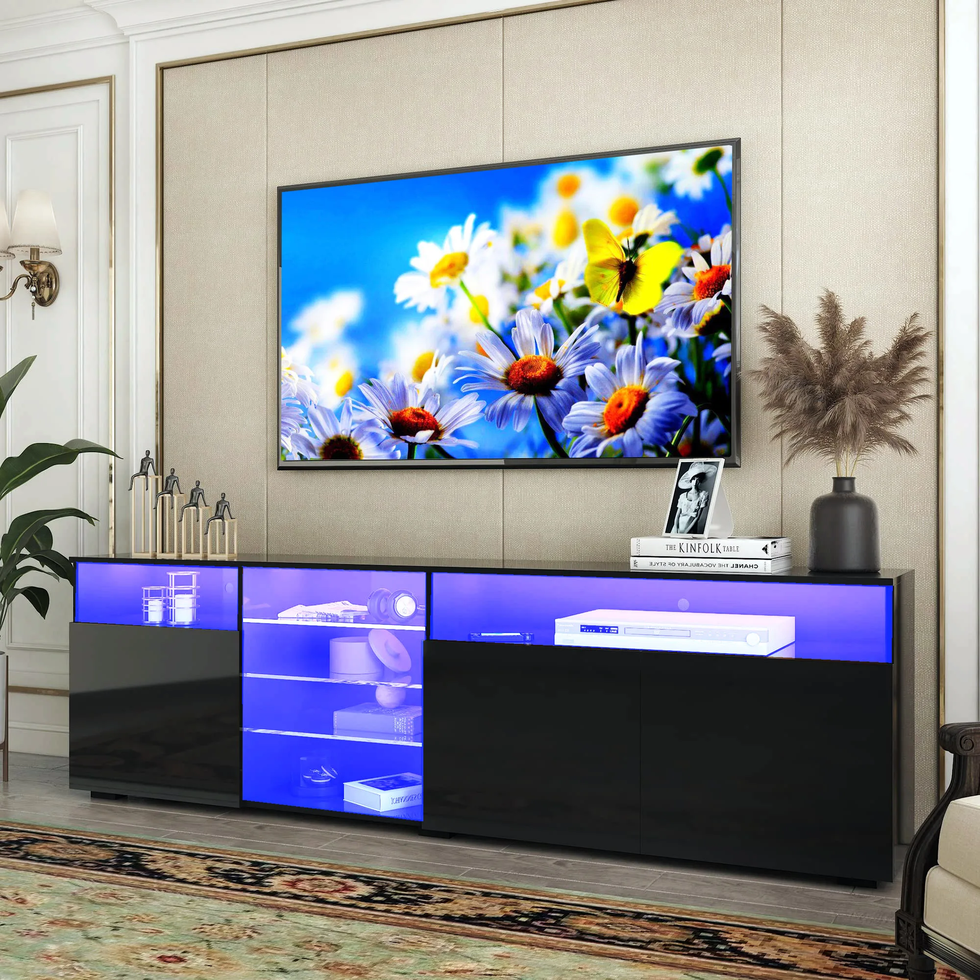 65/70 인치 TV용 LED TV 스탠드, 조절 가능한 선반이 있는 글로스 TV 캐비닛, 거실용 모던 블랙 엔터테인먼트 센터, 63 인치