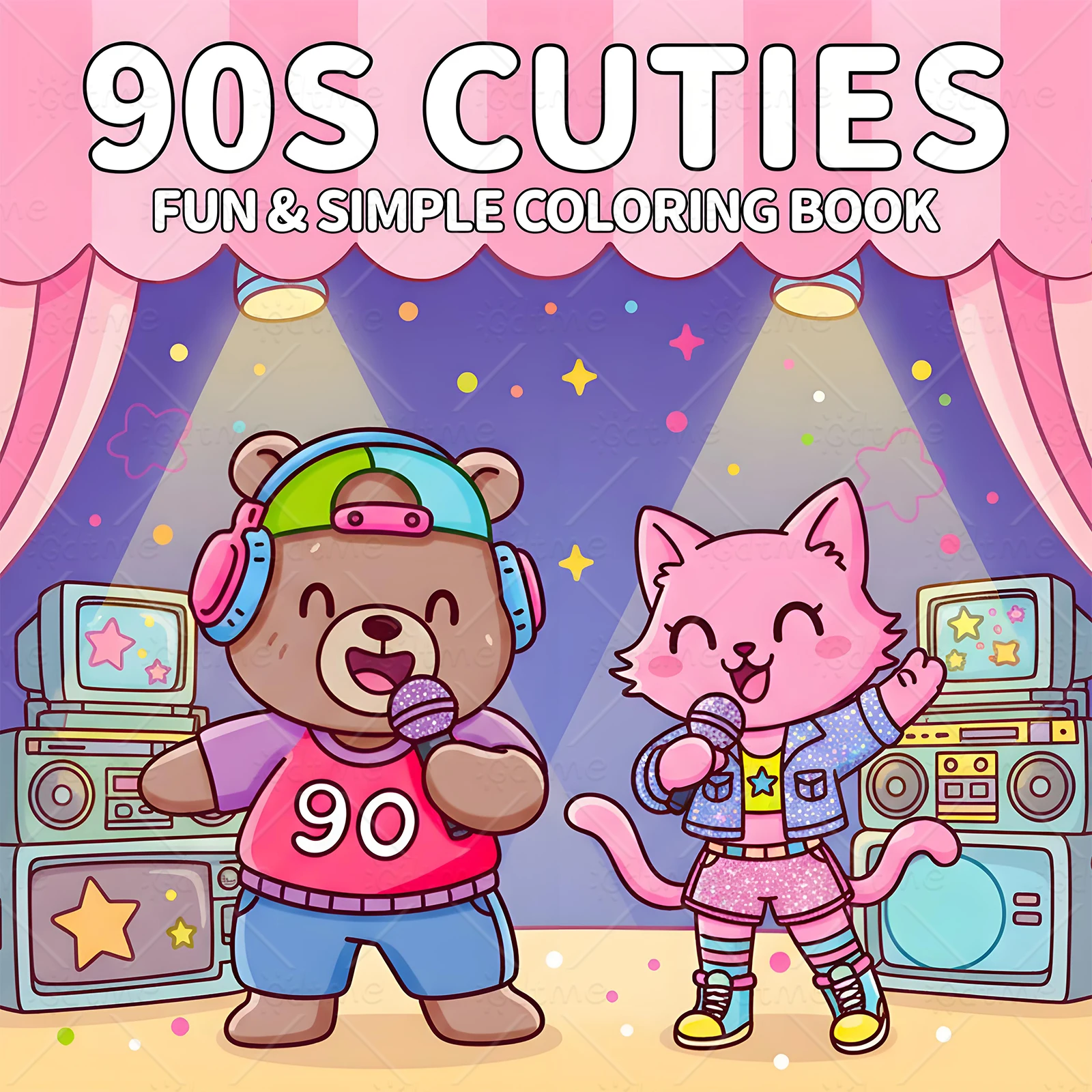 Libro para colorear FUN & SIMPLE de los 90 CUTIES para adultos con patrones de dibujos animados en negrita y fácil para la relajación de los niños, dibujo de pintura DIY