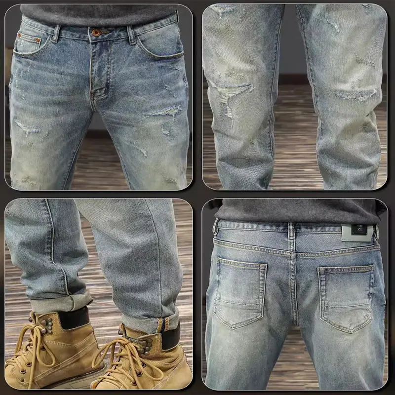 Street Fashion Men Jeans Retro Washed Blue Stretch Slim Fit Patched Ripped Jeans Men Vintage Designer Hip Hop Denim Pants Hombre
