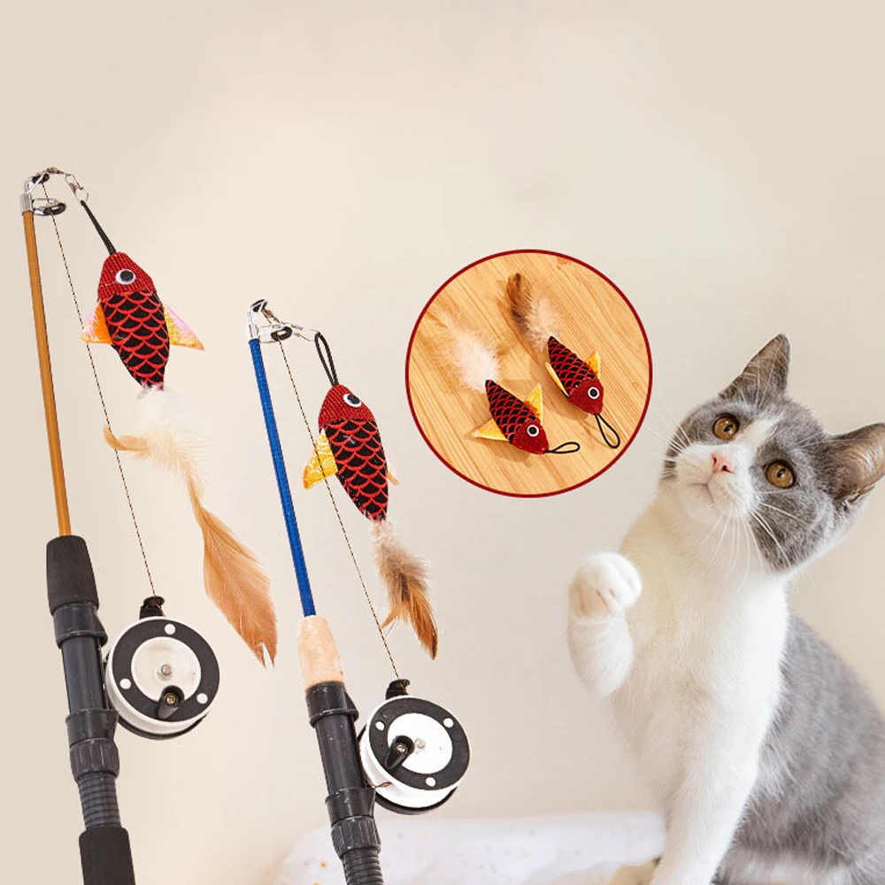 Interactive Cat Teaser Wand With Retractable Line - Durable Resin Fishing Rod Design cat toy