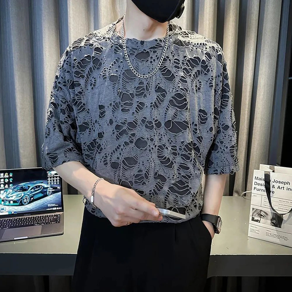 Korea Fashion Streetwear Lace Hole Tops Summer T-Shirts Party Club Sexy Mens Clothing Ripped Short Sleeve T-Shirt Hollow Design