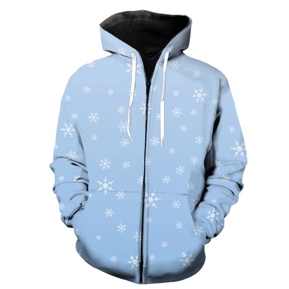 

Winter Snowflake Pattern Men's Zipper Hoodie With Hood Jackets Sweatshirts 3D Printed Hip Hop Unisex Casual Harajuku Spring Tops