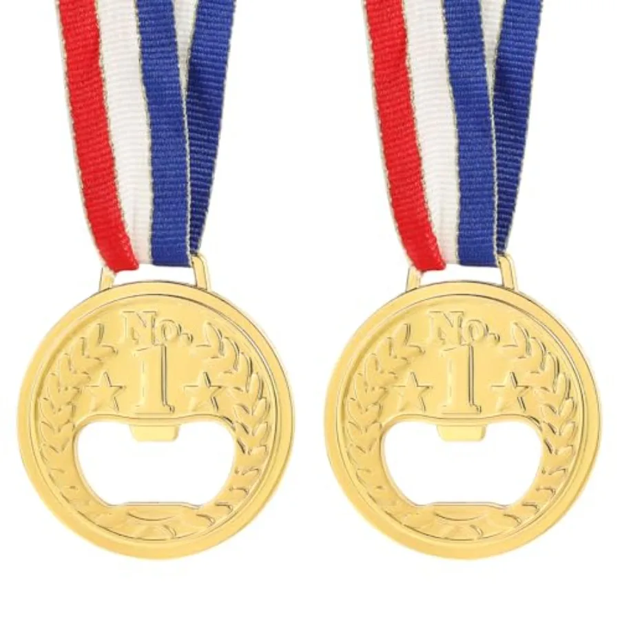 

2PCS Medal Shaped Bottle Opener - Gold Medal Beer Opener Metal Fun Bottle Cap Open Utensil with Neck Ribbon for Bar Bartender R