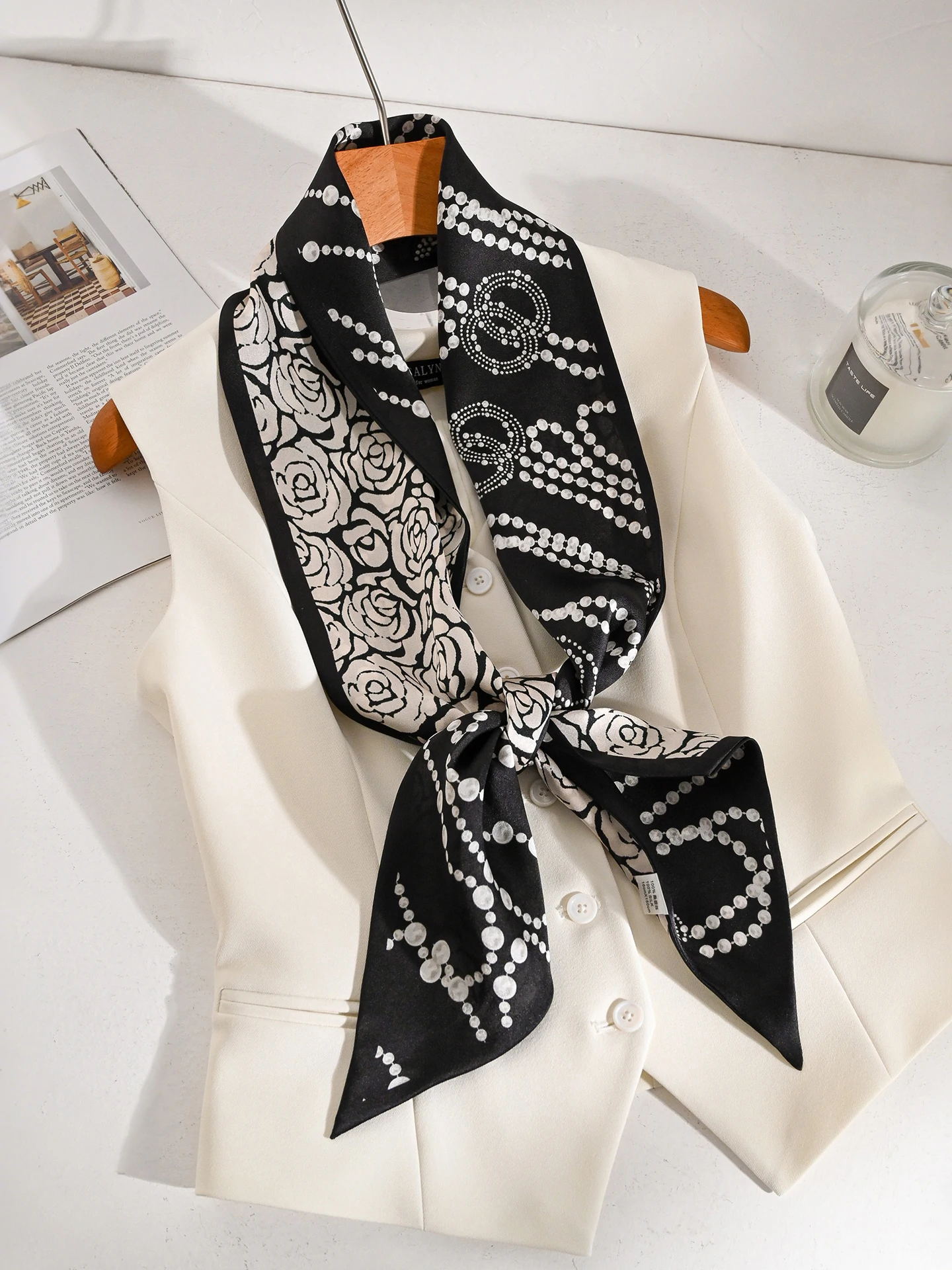 黒椿シルクロングスカーフ女性用シャツネクタイ高級感春2026新作薄型蝶ネクタイスカーフ