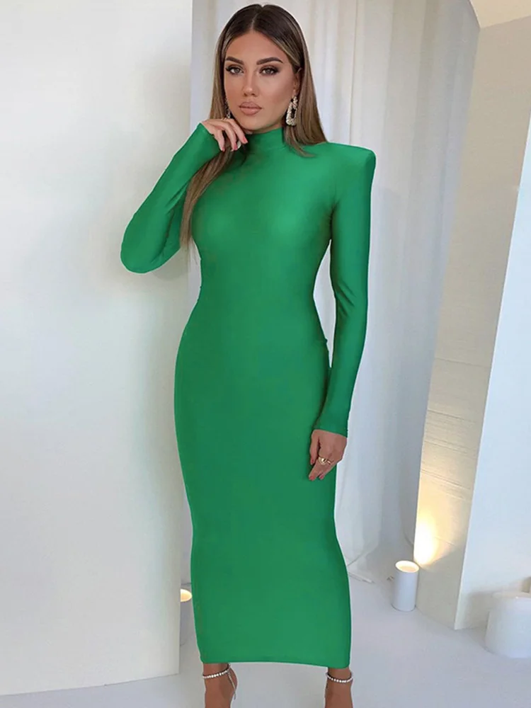 Shoulder Padded Long Sleeve Bodycon Green Party Club Maxi Long Dress 2024 Spring Autumn Women Fashion Elegant Clothes