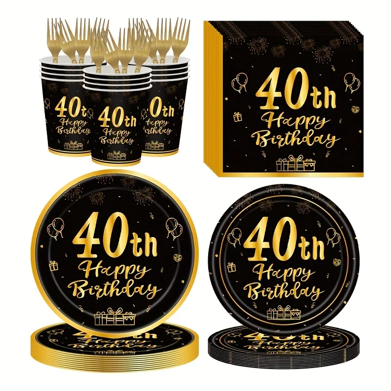 40th Birthday Party Black Gold Disposable Tableware Plate Cup Napkin Straw Balloon Cake Decor Party Decoration Supplies