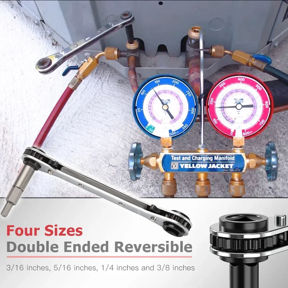 Twee-weg Ratel Koeling Ventielsleutel Professionele Airconditioning Koeling Tool 1/4 3/8 3/16 5/16 Inch