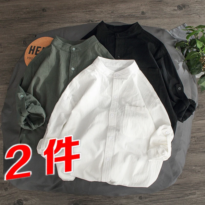 

Spring Autumn Cotton Casual irt Men's Long Sve Stand Collar Korean Sle Pure Color Class orm Loose Fit Youth Faion
