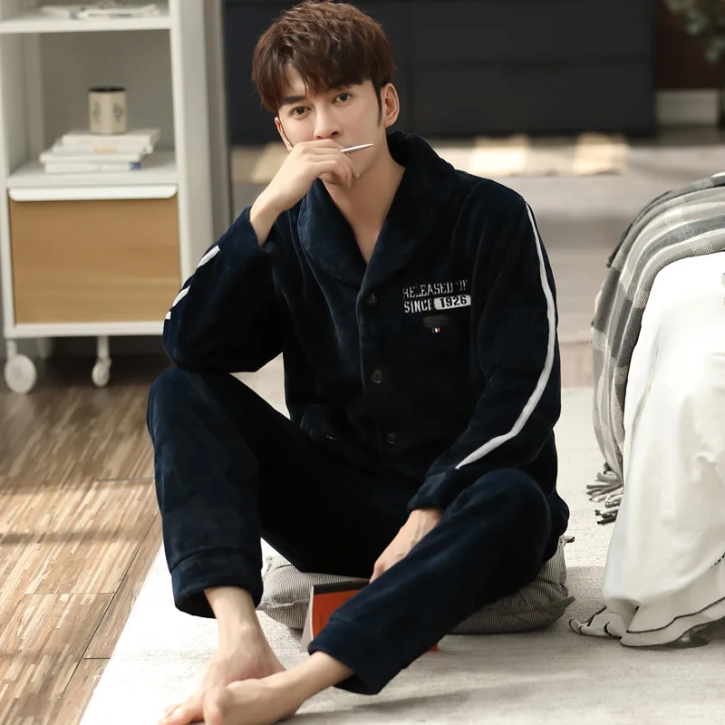 Big Size M-4XL Men Pajamas Set Winter Thick Warm Flannel Pyjama Male Long Sleeve Turn-down Collar Sleepwear