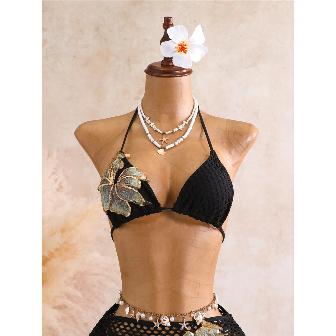 Mit Rock 3D-Blumen-Halter-Bikini Damen-Badebekleidung, dreiteiliges Bikini-Set, gepolsterter Badeanzug, Badebekleidung, Schwimmen V8346 – Detail 10