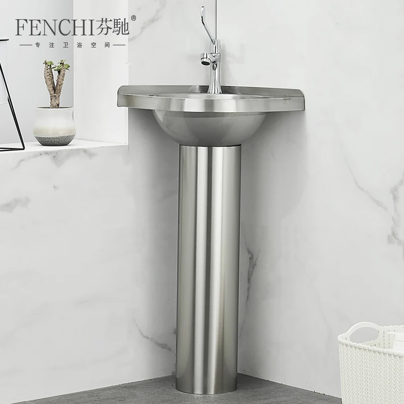 Lavabo triangular de acero inoxidable 304, lavabo de columna para apartamento pequeño, montado en la pared, tipo de suelo