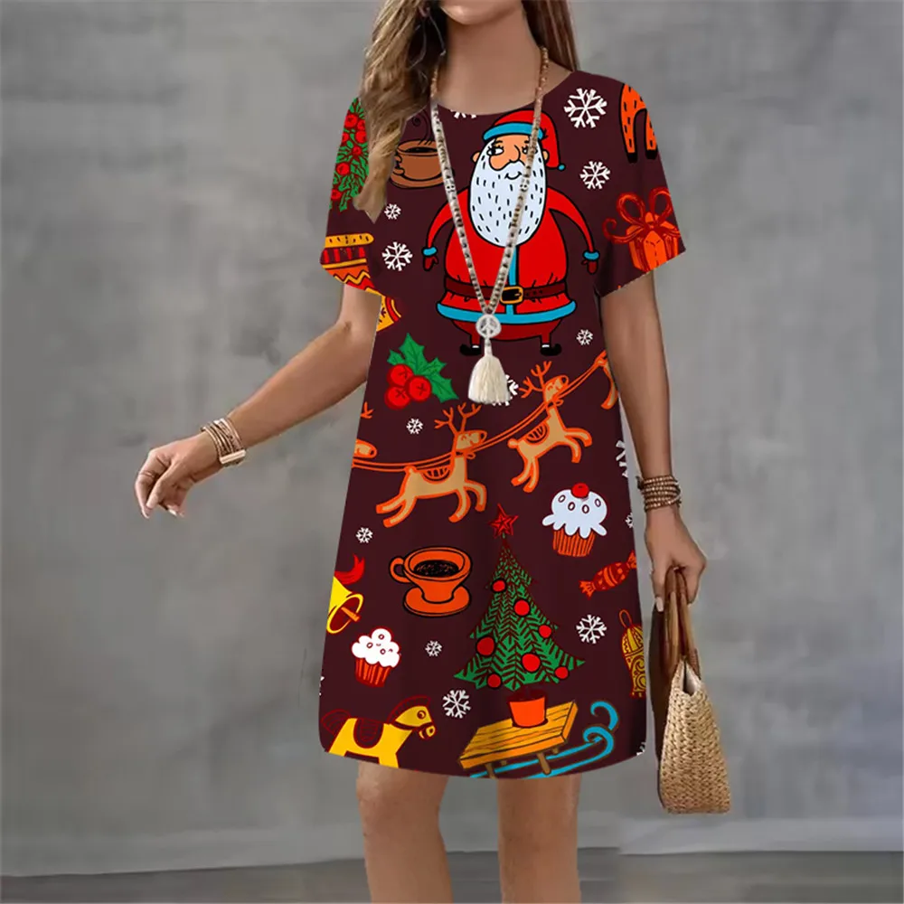 2026 Fashion Women Cute Christmas Tree Party Dresses Summer Casual Cartoon Funny Santa Claus Short Sleeve Mini Dress Vestidos