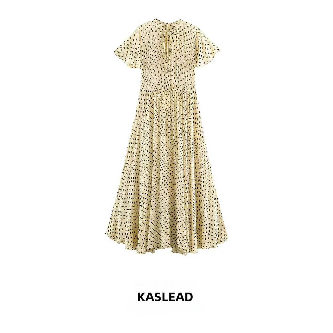 KASLEAD New Fashionable Simple Long Polka Dot Dress Women's Street Style Short Sleeve City Commute Polyester Fiber Dress