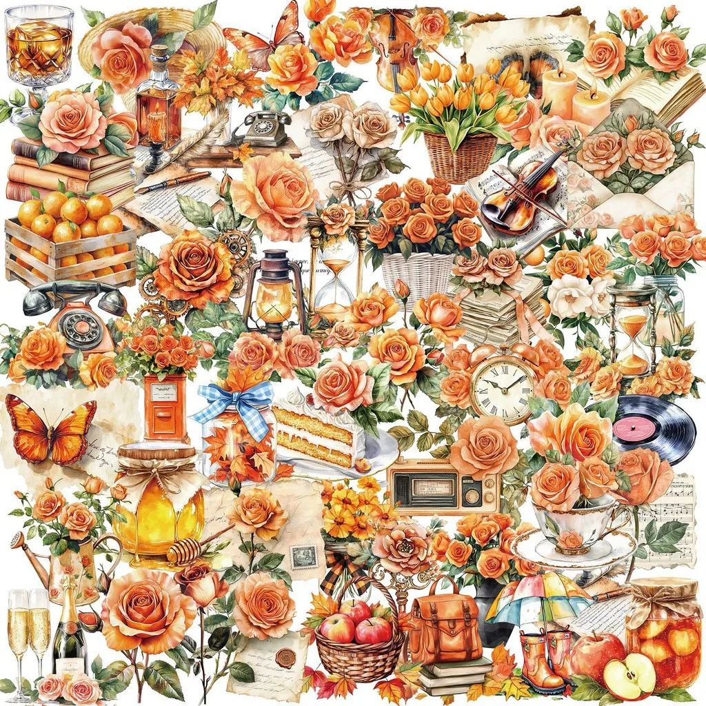 50 Stück transparentes INS-Aufkleberpaket mit orangefarbenen Blütenknospen – wasserfestes, klares PET für Sammelalbum, Gitarrendekoration, AufnahmeYourLife Store