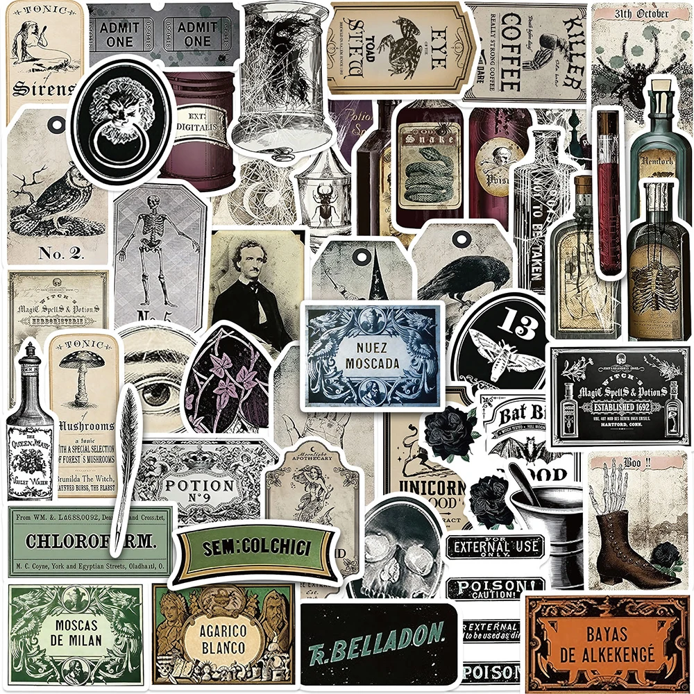 10/30/50pcs Gothic Vintage Potion Bottle Label Stickers Cartoon Graffiti Decals for Skateboard Water Bottle Car Cool Sticker Toy